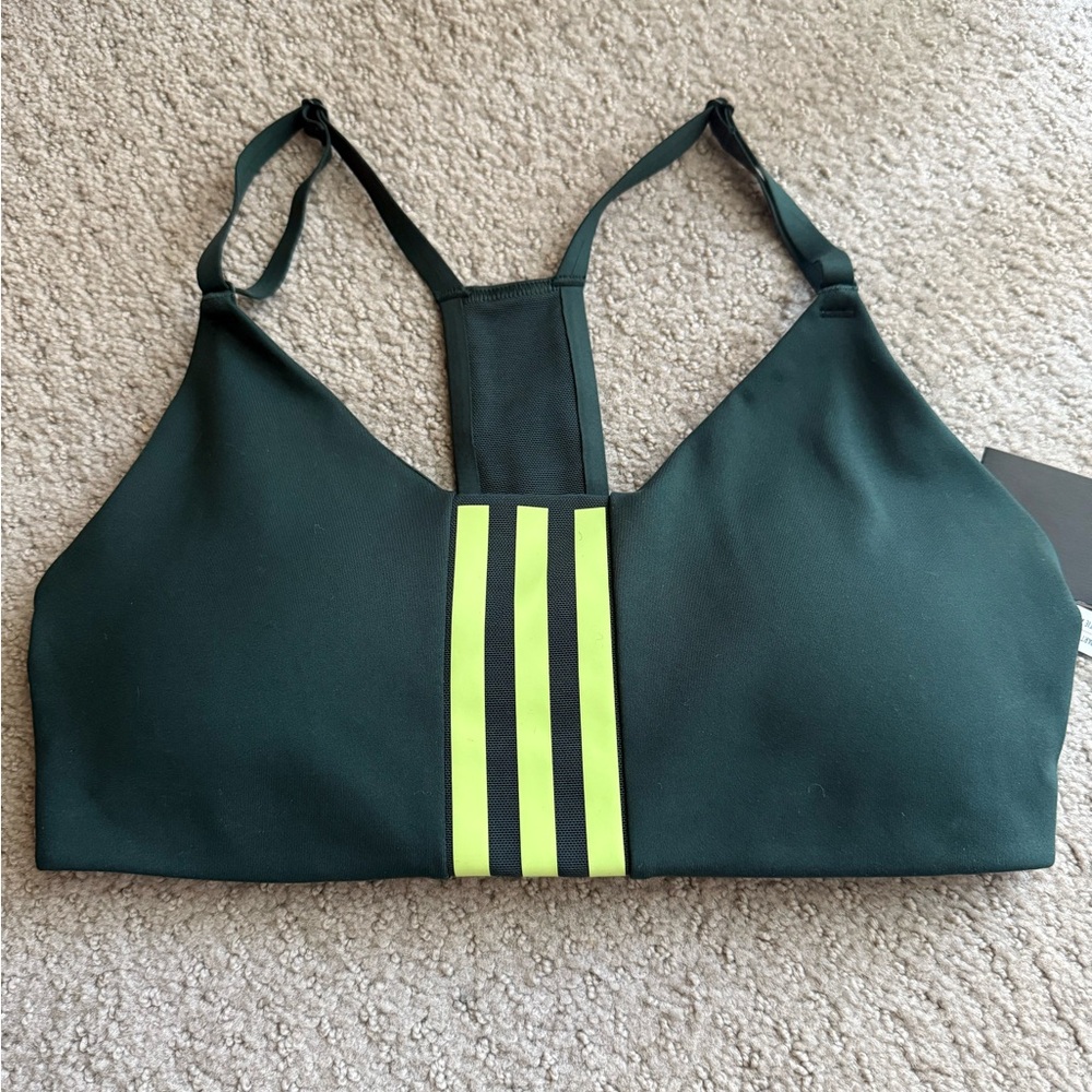 Adidas NWT Green with yellow stripes racerback sports bra with adjustable straps